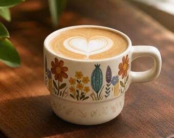Retro Floral Ceramic Mug: Cottagecore Botanical Pottery Coffee Cup (280ml)