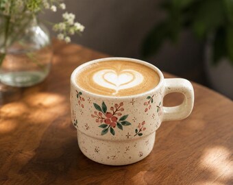 Hand-Painted Floral Ceramic Mug: Cottagecore Pottery, Rustic Tea Cup (280ml)