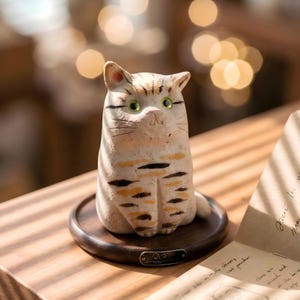 May include: A ceramic cat figurine with green eyes, tan and black stripes, and a round wooden base. The cat has a whimsical design and is sitting upright. The figurine is a decorative item.