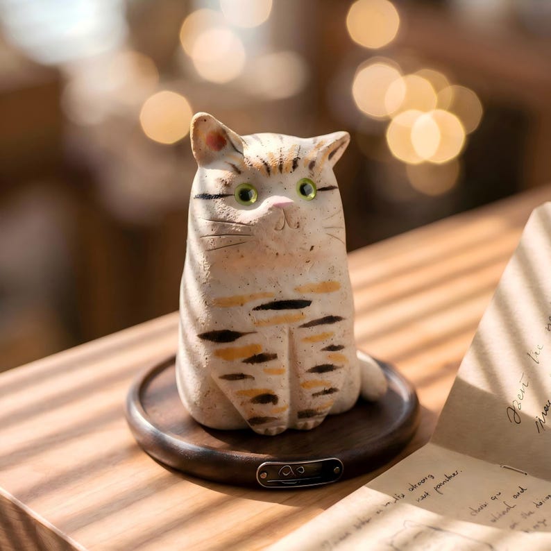 May include: A ceramic cat figurine with green eyes, tan and black stripes, and a round wooden base. The cat has a whimsical design and is sitting upright. The figurine is a decorative item.