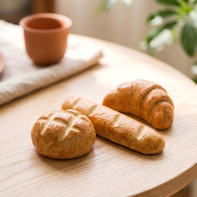 May include: A still-life image of baked goods on a wooden table. The image features a round bread roll, a baguette, and a croissant. A small terracotta cup sits in the background. The bread has a golden-brown color.
