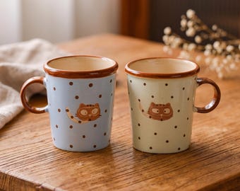 Hand-Painted Ceramic Cat Mug & Plate Set: Polka Dot Underglaze Pottery (7 oz)