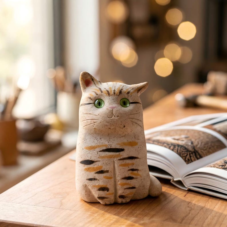 May include: A ceramic cat figurine with green eyes and a striped pattern. The cat has a light brown and cream color scheme with black and orange stripes. The figurine is sitting on a wooden surface.
