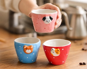 3D Animal Espresso Cups: Hand-Painted Ceramic Cat, Dog, Bear Polka Dot Mugs