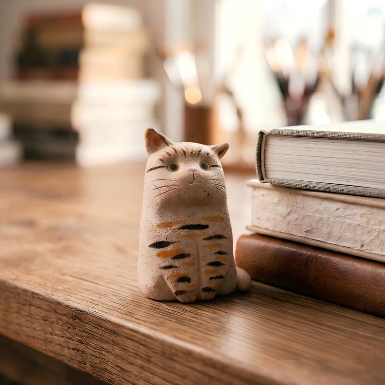 May include: A ceramic cat figurine with a light brown base color and black and orange stripes. The cat has a smiling face and is sitting on a wooden surface. Books are stacked in the background.