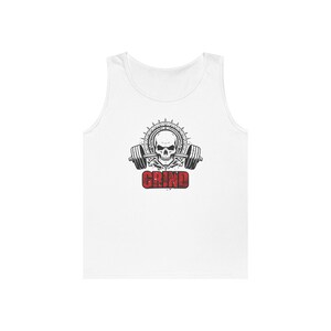 May include: White tank top with a graphic design featuring a skull, barbell, and the word "GRIND" in red. The design is centered on the front of the sleeveless shirt, suitable for workouts or casual wear.