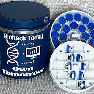 May include: A navy blue insulated tumbler with the text "Biohack Today" and "Own Tomorrow" in white. The tumbler is next to two white containers with clear vials and blue caps. One container holds 16 vials, and the other holds 8.