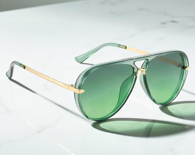 Green 70s Gradient Aviators Sunglasses Oversized  Pilot Shades