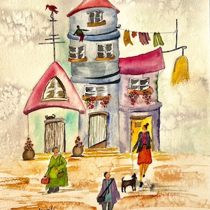Whimsical Village Watercolor Painting: Colorful Naive Street Scene