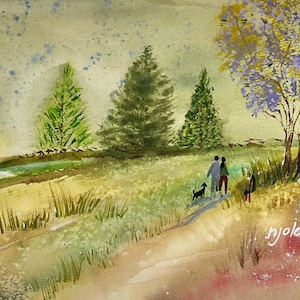 Dipinto di paesaggio ad acquerello fatto a mano: scena di natura di campagna, arte della passeggiata con il cane