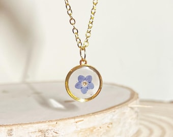 Real Forget-Me-Not Flower Necklace, Gold Plated Floral Pendant