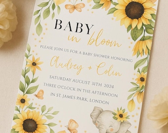Sunflower Baby Shower Invitation: Baby Elephant, Floral Canva Template (Digital Download)