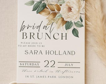 Może przedstawiać: Zaproszenie na brunch ślubny z kwiatowymi akcentami. Zaproszenie zawiera słowa "bridal BRUNCH" w eleganckiej czcionce, wraz z datą, godziną i miejscem. Pieczęć woskowa z motywem liścia znajduje się w lewym dolnym rogu.
