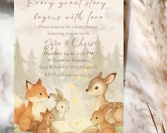 Woodland Storybook Baby Shower Invitation Template | Storybook Forest Animals Invite | Rustic Neutral Baby Shower | Editable Template
