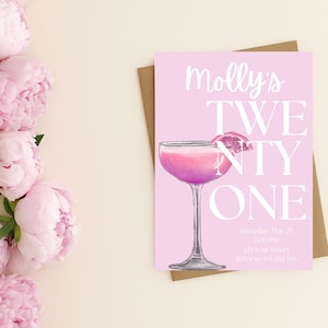 Pink Cocktail 21st Birthday Invitation: Watercolor Margarita (Digital Download Canva Template 5x7 inch)