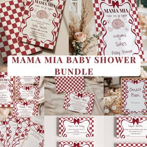 Può includere: Un pacchetto per baby shower con un tema a scacchi rossi e bianchi. Include inviti, un cartello di benvenuto, biglietti di ringraziamento e carte di gioco. Il testo "MAMA MIA" e "Baby Shower" sono visibili.