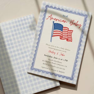 Front and back of an All American Baby shower invitation showing the blue gingham patterned reverse side and the cream front with hand-drawn American flag, blue scallop frame, and red and blue typography