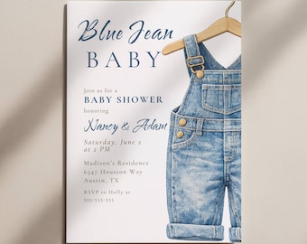 Einladungsvorlage für eine Babyparty im Jeans-Look | Einladung zur Babyparty im Western-Cowboy-Stil für Jungen | Bearbeitbare, neutrale Einladung zur Babyparty