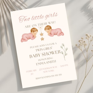 Twin Girls Baby Shower Invitation | Editable Pink Baby Shower Invite for Twins | Printable Watercolor Girl Baby Shower Template