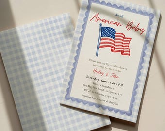 Alle amerikanischen Babypartyeinladungsvorlage, bearbeitbar 4. Juli Babyparty einladen, rot weiß blau, amerikanische Flagge, Canva Sofortiger Download