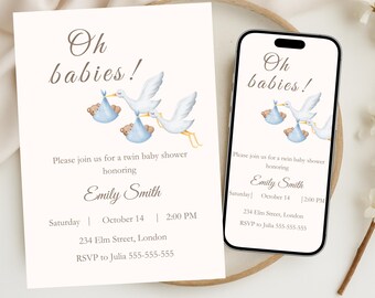 Twin Baby Shower Invitation: Stork & Teddy Bear Design (5x7 Printable Template, Phone Invite Included)