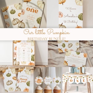 May include: A birthday party stationery bundle featuring watercolour pumpkin illustrations in orange, green, and cream. Items include invitations, milestone boards, thank you cards, favour tags, cupcake toppers, and a banner with the text Our little pumpkin is one.