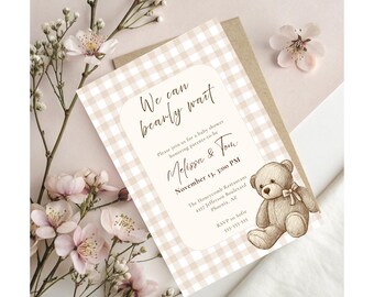 Teddy Bear Baby Shower Invitation • We Can Bearly Wait Invite • Neutral Boho Baby Shower Template • Editable Printable Download