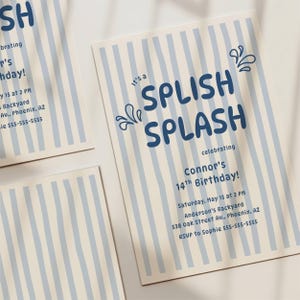 Mall för födelsedagsinbjudan till Splish Splash, födelsedagsinbjudan till poolparty, poolparty för barn och tonåringar, blått badparty, redigerbar direktnedladdning