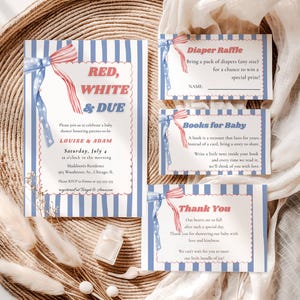 Rood wit en due baby shower bundel, 4 juli baby shower invite inserts teken, patriottische strik, bewerkbare canva direct downloaden