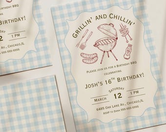 BBQ Birthday Invitation, Grillin and Chillin Birthday Invite, Backyard BBQ Party, Editable Boy Birthday BBQ,Summer Cookout, Instant Download
