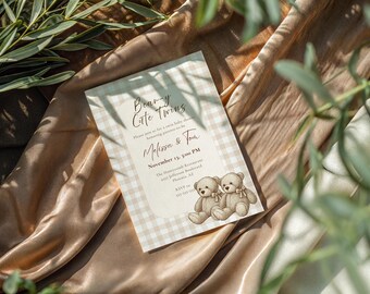 Twin Baby Shower Invitation Template • Bear-y Cute Twins Invite • Neutral Beige Gingham Baby Shower • Printable Teddy Bear Twins Invite