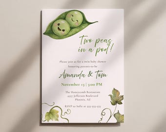 Twin Baby Shower Invitation Template | Two Peas in a Pod | Gender Neutral Printable Invite | Editable Canva Digital Download
