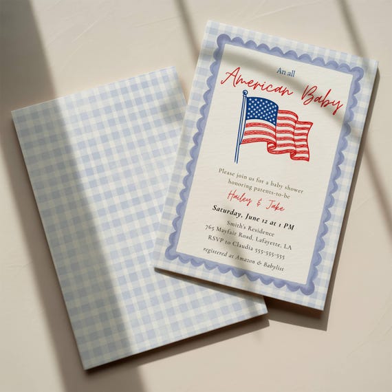 All American Baby Shower Invitation Template, Editable 4th of July Baby Shower Invite, Red White Blue, American Flag, Canva Instant Download