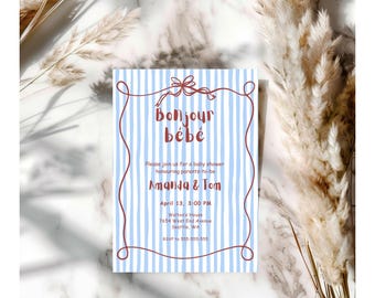 Bonjour Bébé Baby Shower Invitation | French Baby Shower Theme | Blue Striped Baby Shower Template | Editable 5x7 Printable