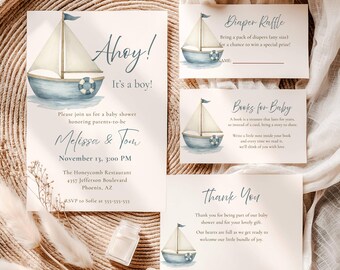 May include: Baby shower invitation set with a nautical theme. The invitation reads "Ahoy! It's a boy!" and includes details for Melissa & Tom's baby shower. Additional cards include "Diaper Raffle," "Books for Baby," and "Thank You."