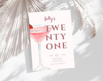 21st Birthday Invitation • Twenty One Birthday Party Invite • Martini Cocktail Invite • Pink Watercolor Birthday Template