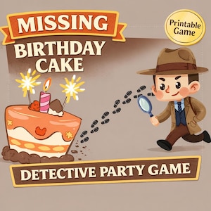 Puede incluir: Ilustración de un juego de fiesta de detectives con el tema de la tarta de cumpleaños perdida. La imagen presenta un detective de dibujos animados con una lupa siguiendo huellas. También se muestra una tarta de cumpleaños con velas.