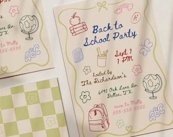 May include: A Back to School Party invitation card featuring colorful hand-drawn doodles including an apple on books, a calculator, a pencil cup, a globe, a backpack, flowers, a rainbow, and a butterfly, with text details for the event.