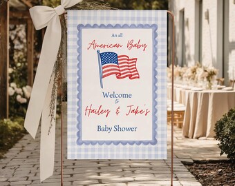 Eine komplett amerikanische Babyparty-Willkommensschild-Vorlage, bearbeitbares Schild mit der amerikanischen Flagge, 24x36 18x24 16x20, rot, weiß, blau, sofortiger Download