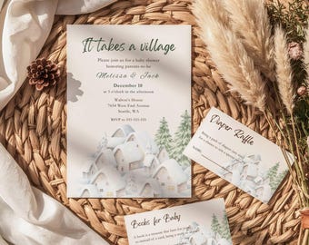 May include: A baby shower invitation set featuring a winter village illustration with snow-covered houses and pine trees. The text includes It takes a village, Melissa & Jack, December 10, Diaper Raffle, and Books for Baby with event details.