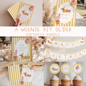 Op de afbeelding: Een verjaardagsfeestset met geel-wit gestreepte papieren artikelen en illustraties van teckels. De set bevat uitnodigingen, een welkomstbord, een Happy Birthday-banner, bedankkaartjes en cupcake-toppers met ballonnen.