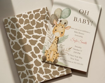 Giraffe-Babyparty-Einladungsvorlage, Gender Neutra Safari-Thema druckbare einladen, Babyparty bearbeitbare Canva-Vorlage, sofortiger Download
