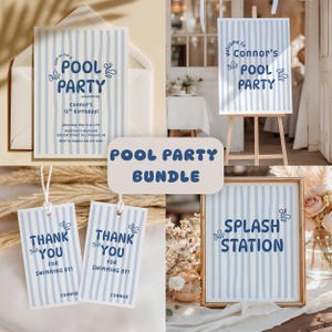 Peut inclure: Un ensemble de fête au bord de la piscine comprenant des invitations, une pancarte de bienvenue, des étiquettes de remerciement et une pancarte de station de jeux. Tous les articles ont un design à rayures bleues et blanches avec du texte coordonné.