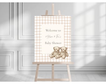 Välkomstskylt för babyshower med nallebjörn | Redigerbar babyshowerskylt | Neutral babyshowerdekor | Utskrivbar välkomstaffisch