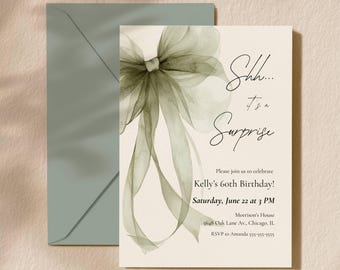 Surprise Birthday Invitation Template, Shh It's a Surprise Party Invite, Sage Green Bow Birthday, Elegant Adult Milestone Instant Download