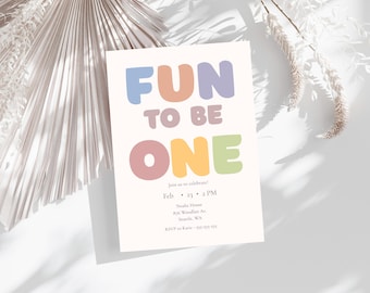 Fun To Be One Birthday Invitation | First Birthday Invite | Bubble Font Kids Party | Editable Canva Template | Printable Colorful Invitation