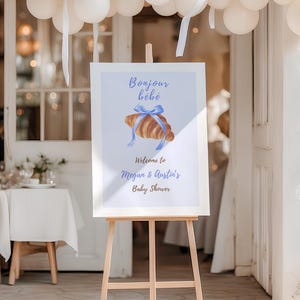 Bonjour Bébé Baby Shower Welcome Sign Printable, French Baby Shower Sign, Blue Welcome Poster, Croissant Baby Shower Decor, Editable Canva