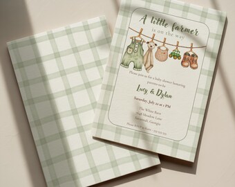 A Little Farmer Baby Shower Invitation | Locally Grown Baby Shower Invite | Farm Baby Shower Invitation | Green Gingham Shower