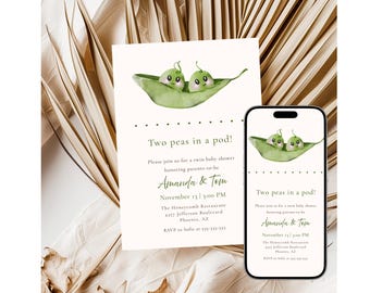 May include: A baby shower invitation featuring a watercolor illustration of two smiling peas in a pod. The text reads "Two peas in a pod!" with details for the event, including the parents' names, date, time, and location.