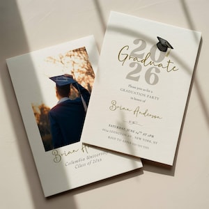 May include: Graduation party invitations with a photo of a graduate in a cap and gown. The invitation features the text "Graduate 26" and details for the event, including the graduate's name, date, time, and location.